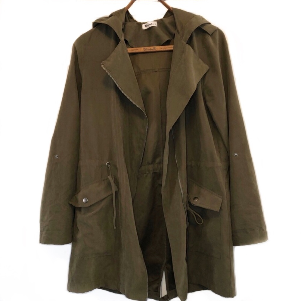 Army style Green off center zipper silky j…